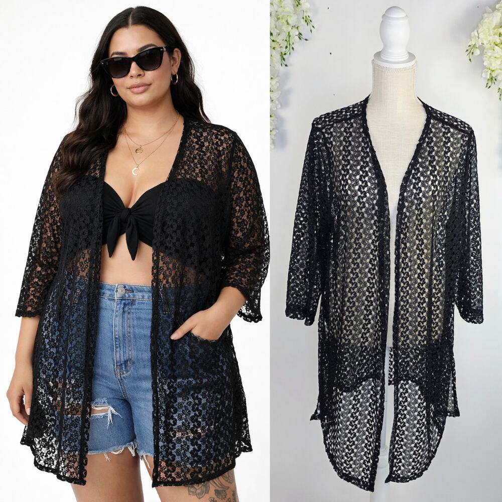 Jade Moon Sheer Cardigan Swim Cover Plus 2X Black Lace Boho Whimsigoth Festival